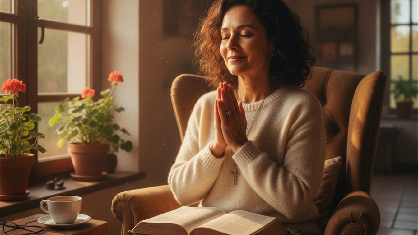 mujer orando con la biblia abierta al amanecer