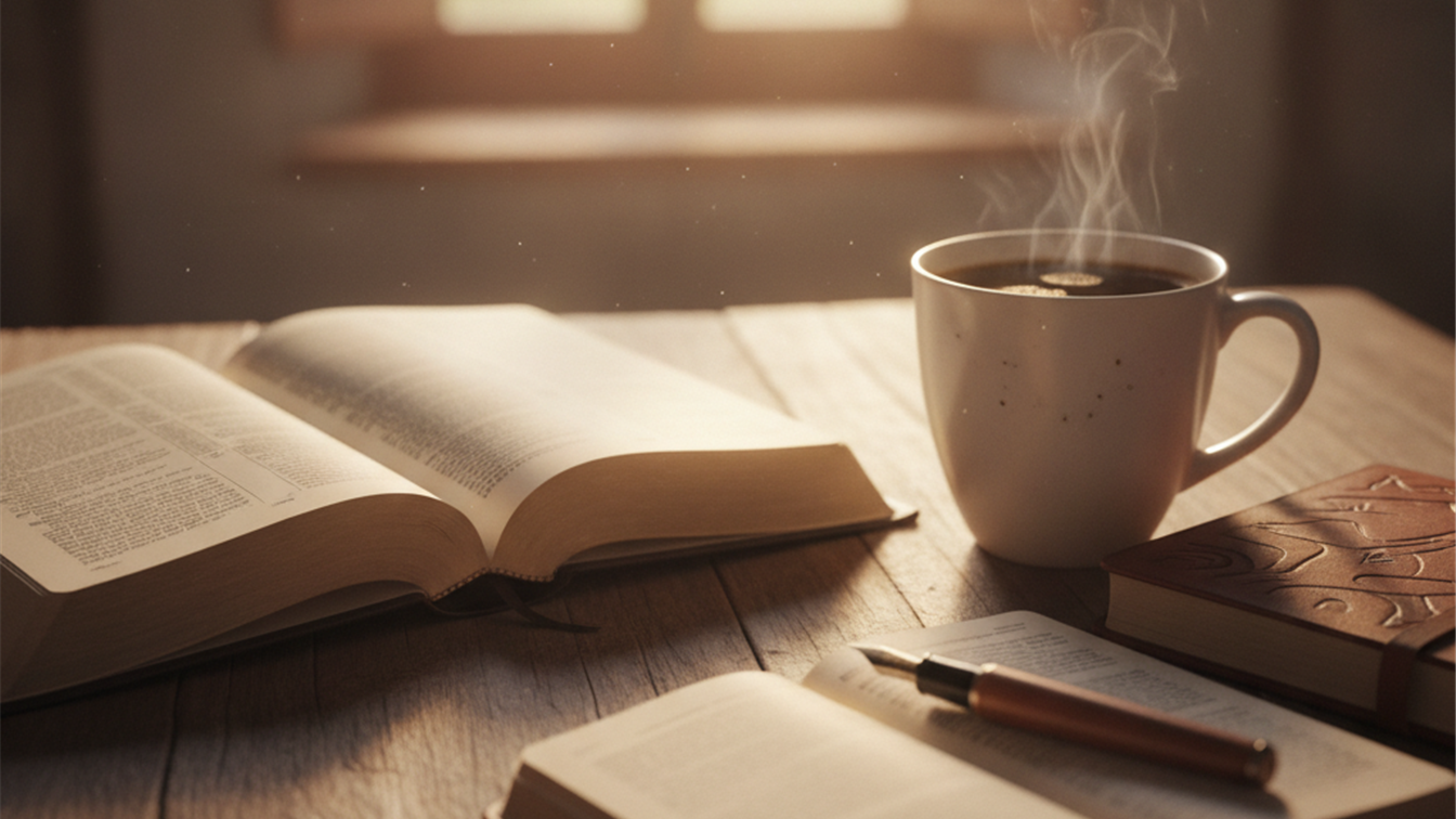 biblia abierta sobre mesa de madera con cafe al amanecer