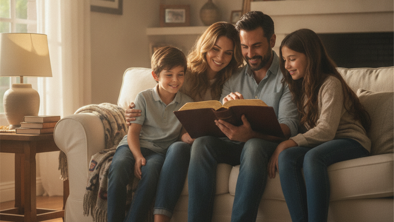 familia leyendo la biblia juntos en casa