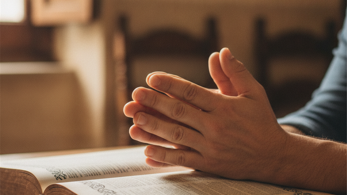 Manos orando sobre la Biblia abierta