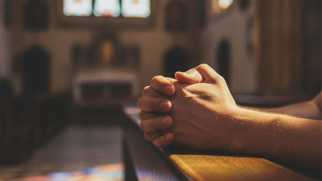 Manos orando en un banco de iglesia