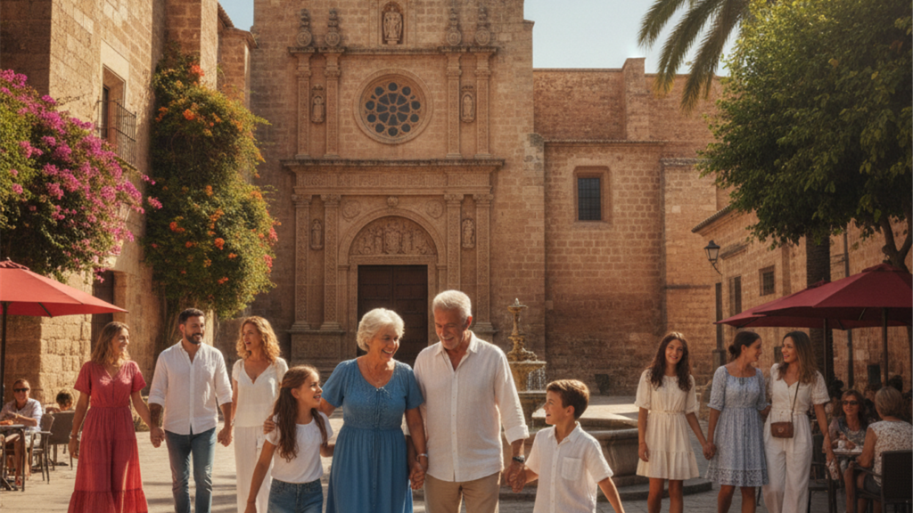 Grandparents and grandchildren gathering outside a Spanish church