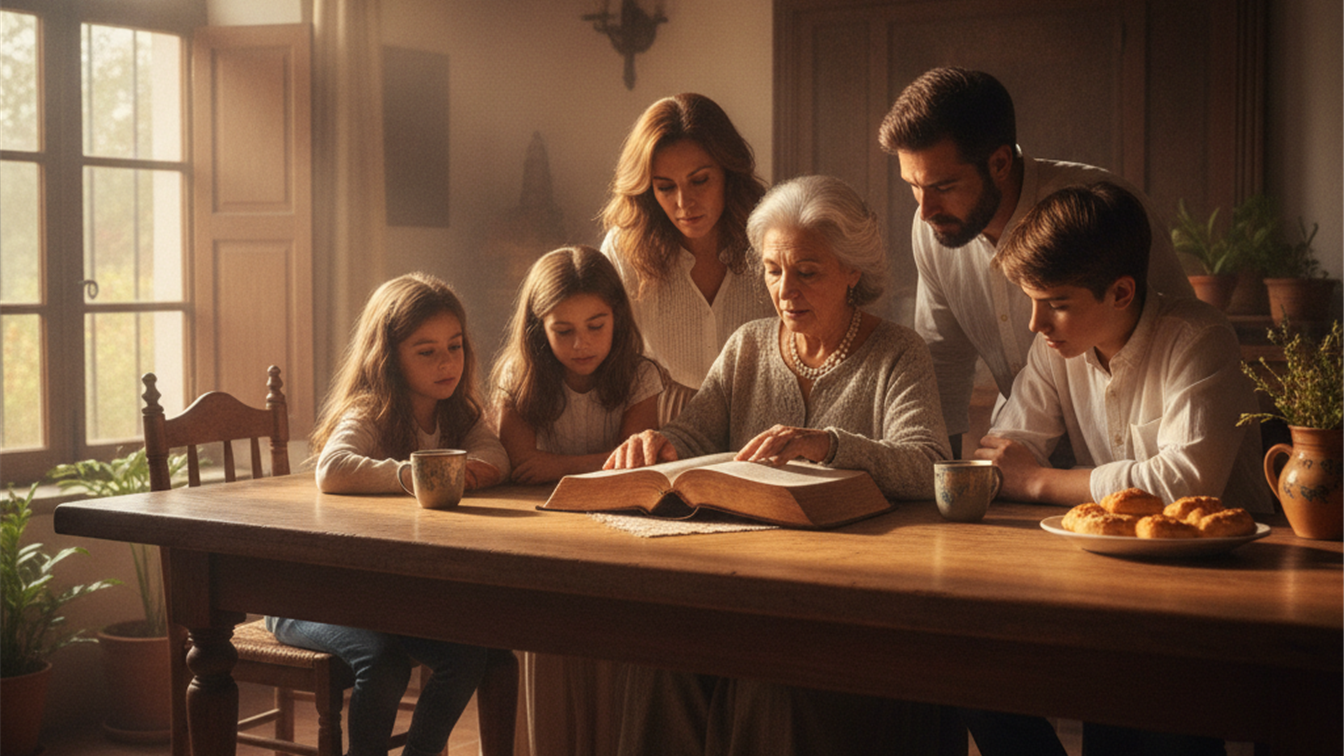 Familia de varias generaciones leyendo la Biblia juntos