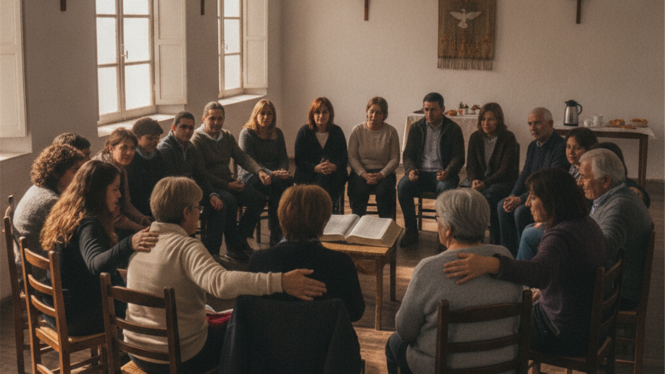 Comunidad cristiana orando y leyendo la Biblia juntos