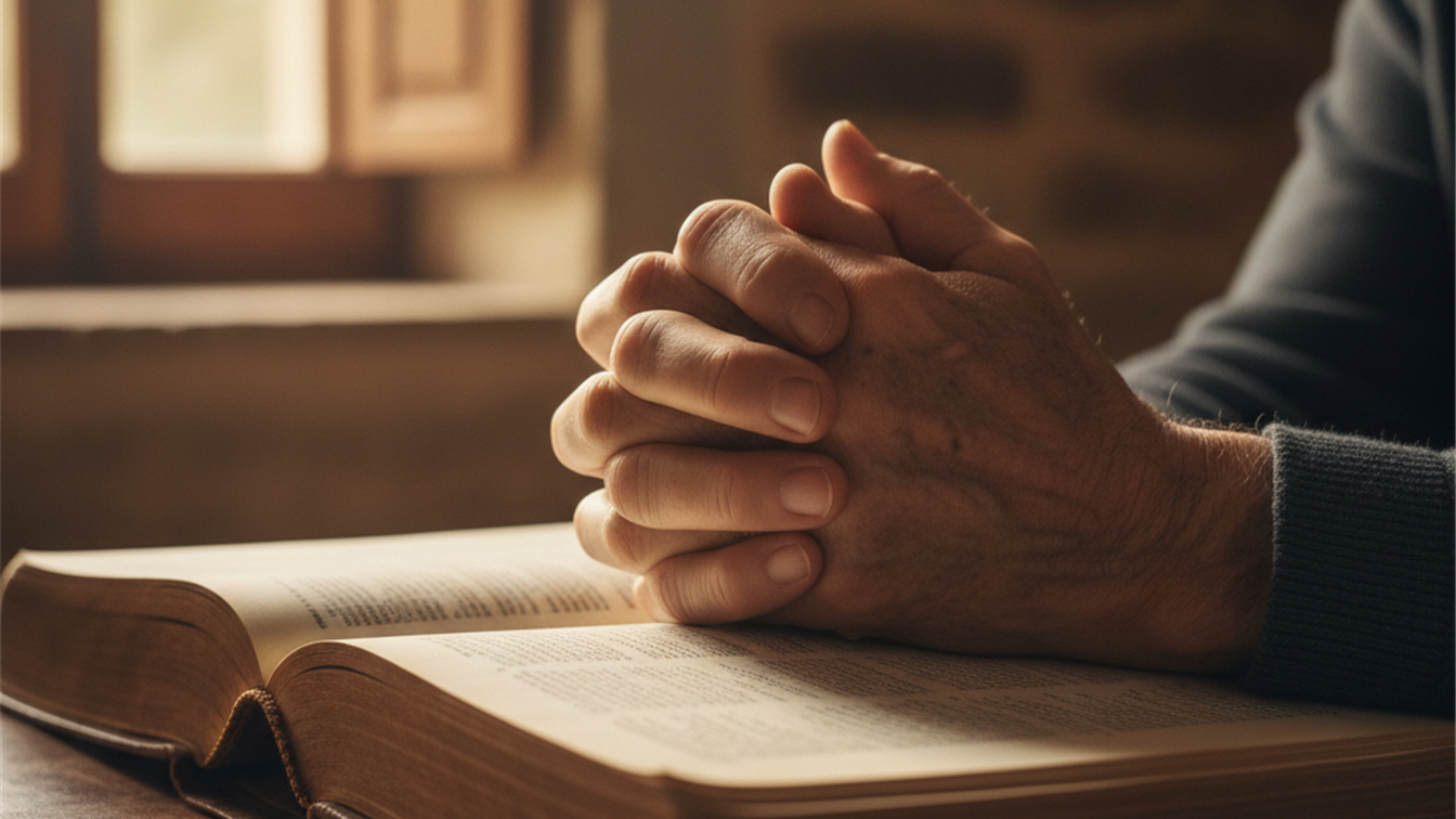Manos orando sobre una Biblia abierta