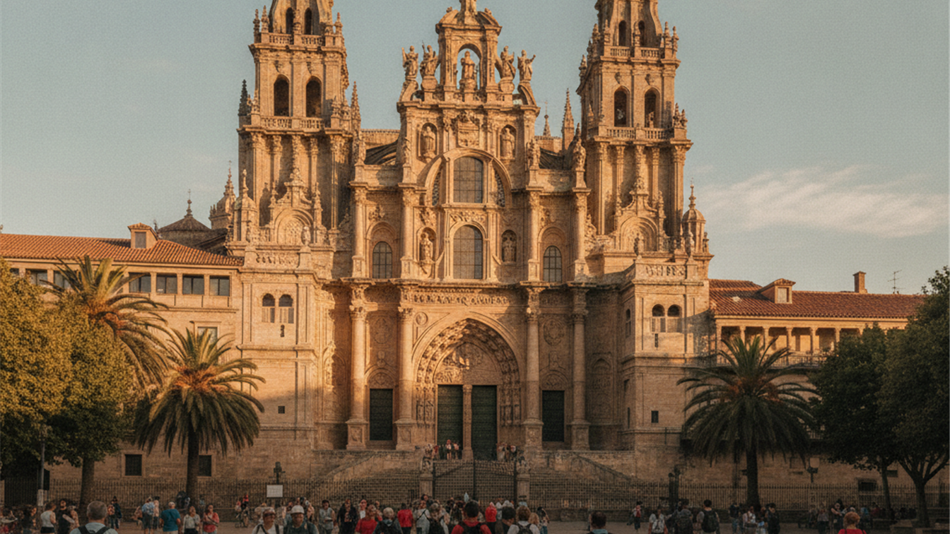 Catedral española con peregrinos y turistas religiosos en la plaza