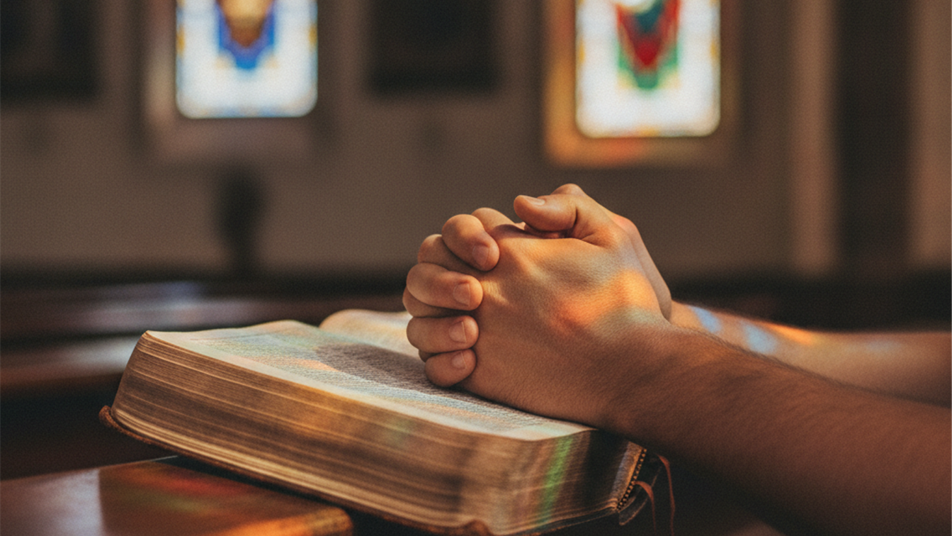 Manos juntas en oración sobre una Biblia abierta en un banco de iglesia