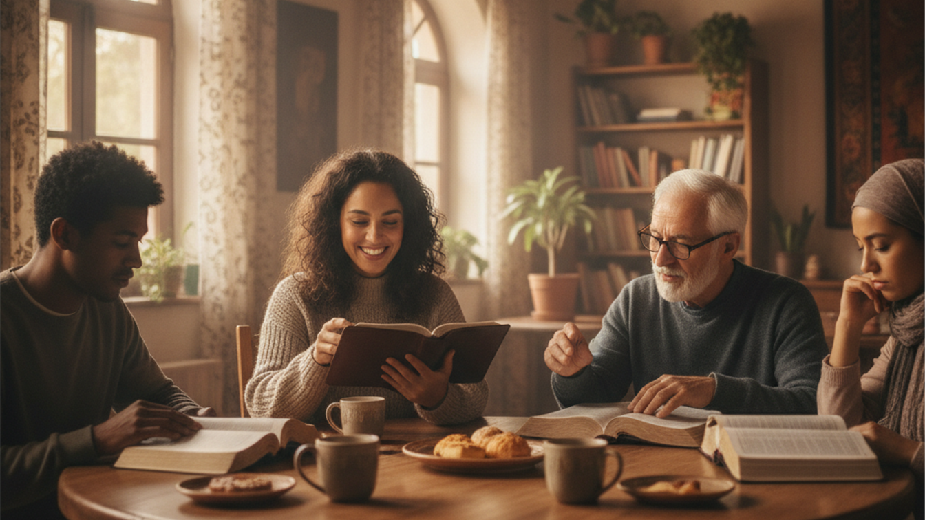 Grupo de personas leyendo la Biblia juntas en comunidad