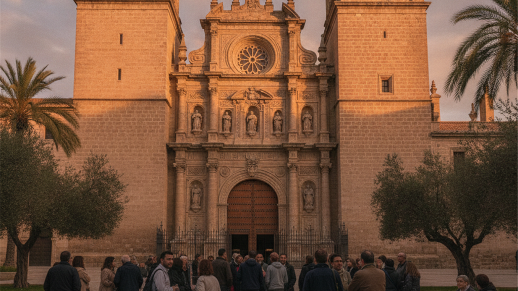 Cathedral exterior with people gathered in Spain