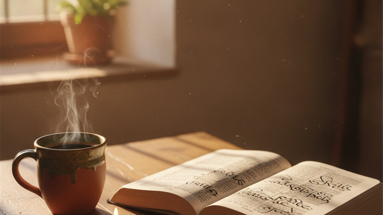 Biblia abierta en los Salmos con vela y cafe