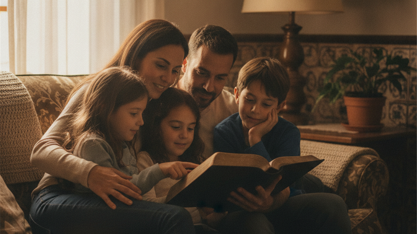 Familia leyendo la Biblia juntos amor y perdon