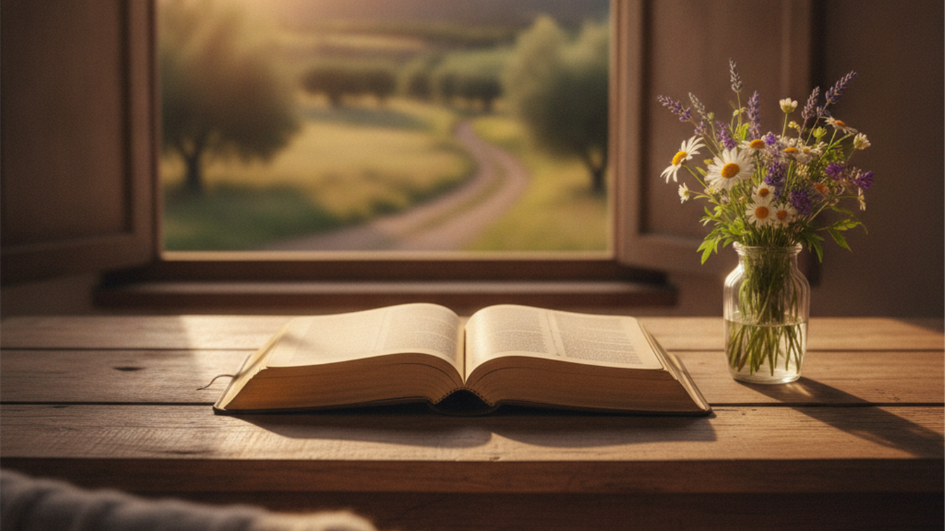 Biblia abierta sobre mesa al amanecer versiculos de amor
