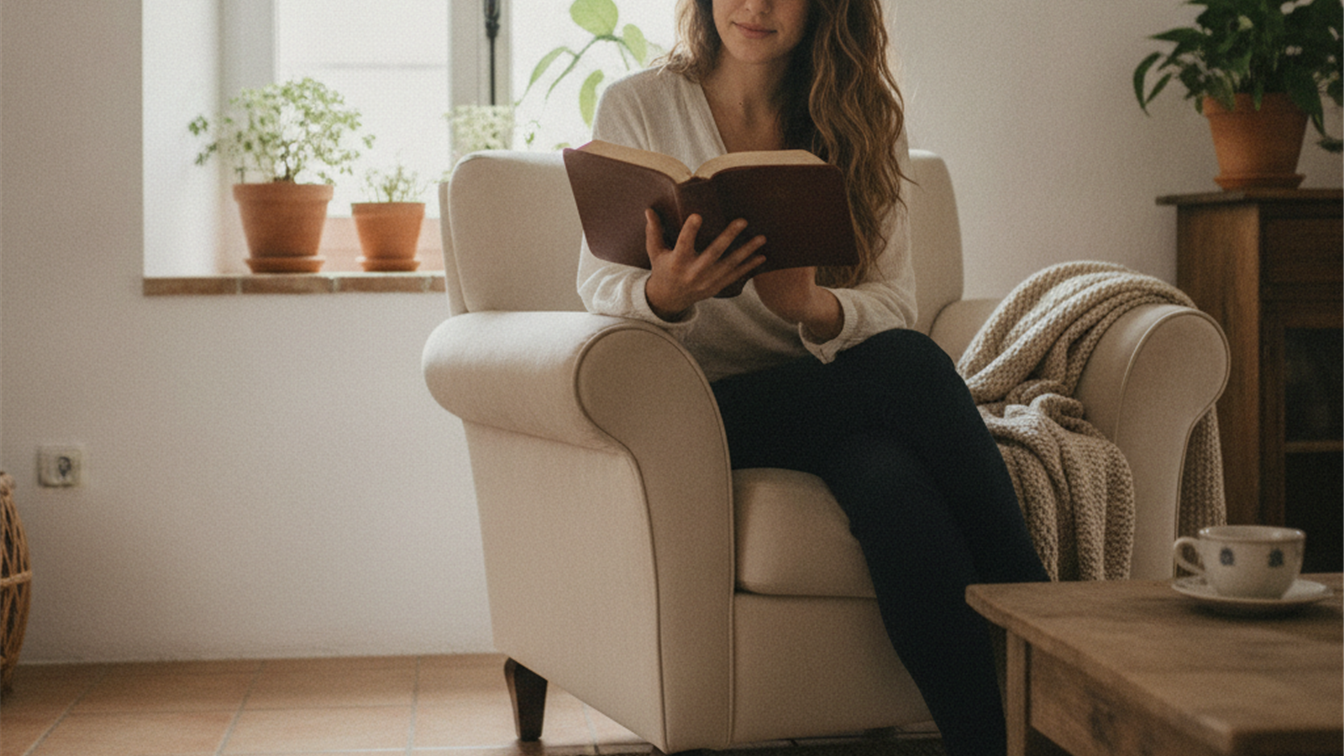 mujer leyendo la biblia en casa