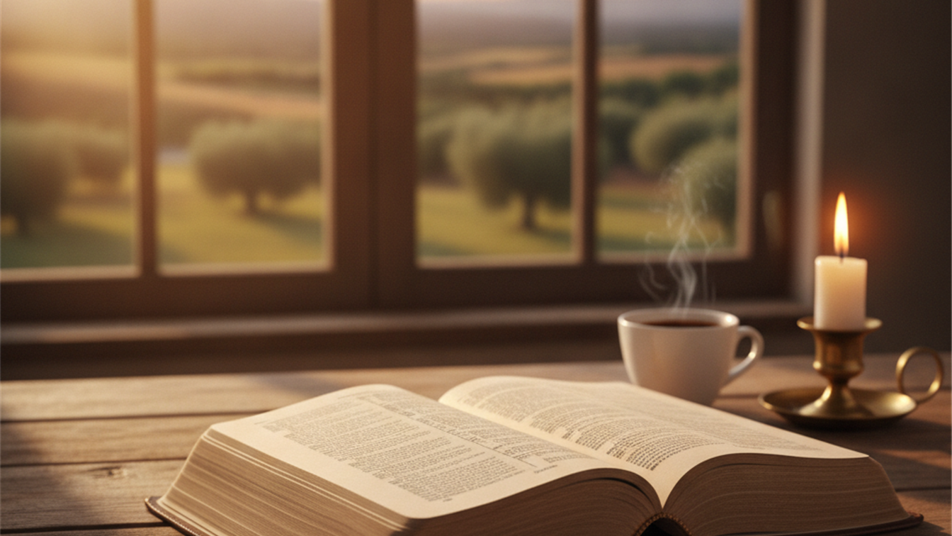 Biblia abierta al amanecer con luz de esperanza