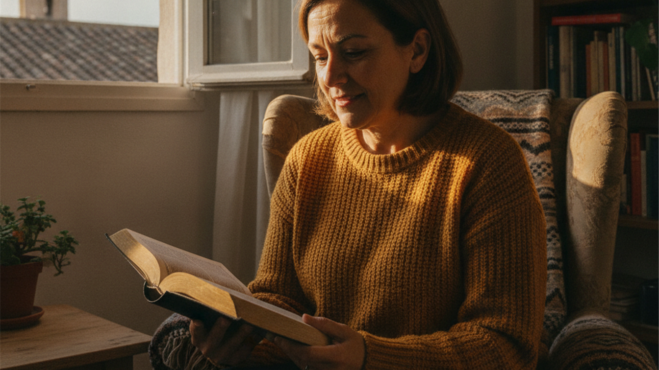 mujer leyendo la biblia en casa con luz calida