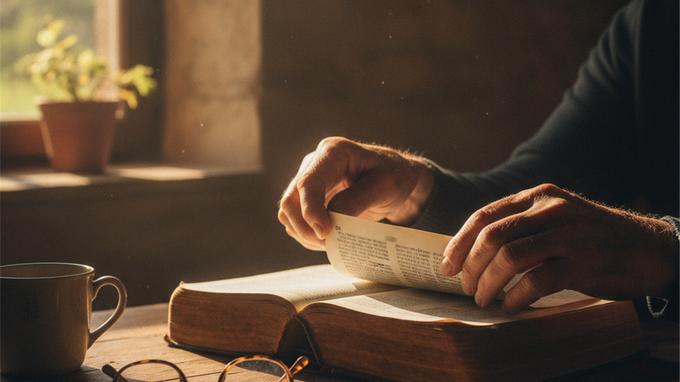 manos pasando las paginas de una biblia antigua