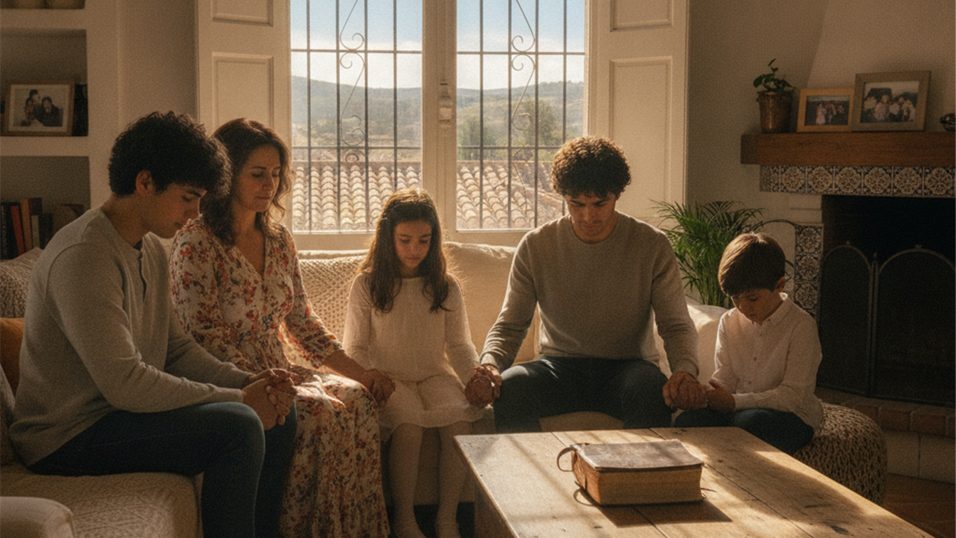 familia orando juntos en el hogar