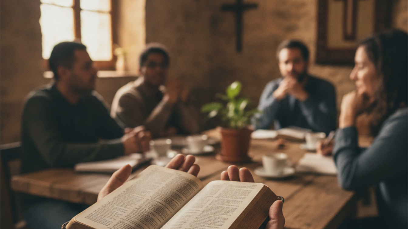 Manos sosteniendo una Biblia abierta durante un estudio biblico