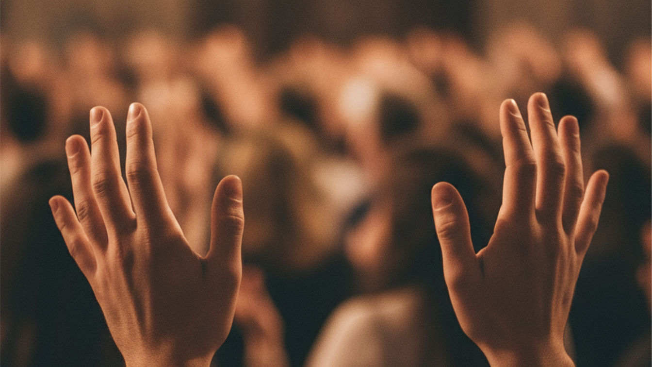 Manos alzadas en adoracion en culto evangelico
