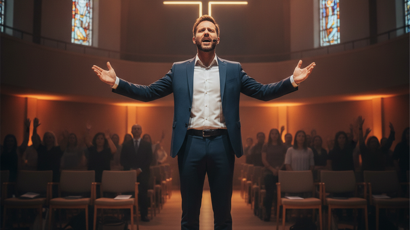 Pastor evangelico predicando en iglesia moderna