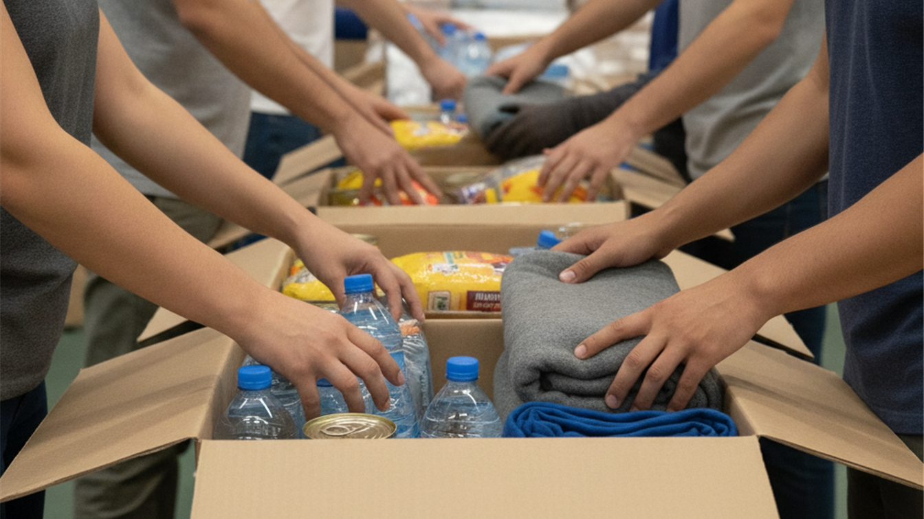 Voluntarios preparando ayuda humanitaria