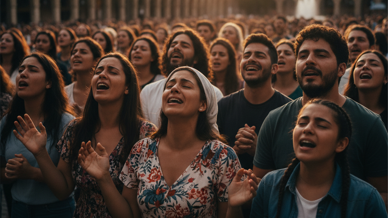 Grupo de creyentes evangelicos orando juntos al aire libre
