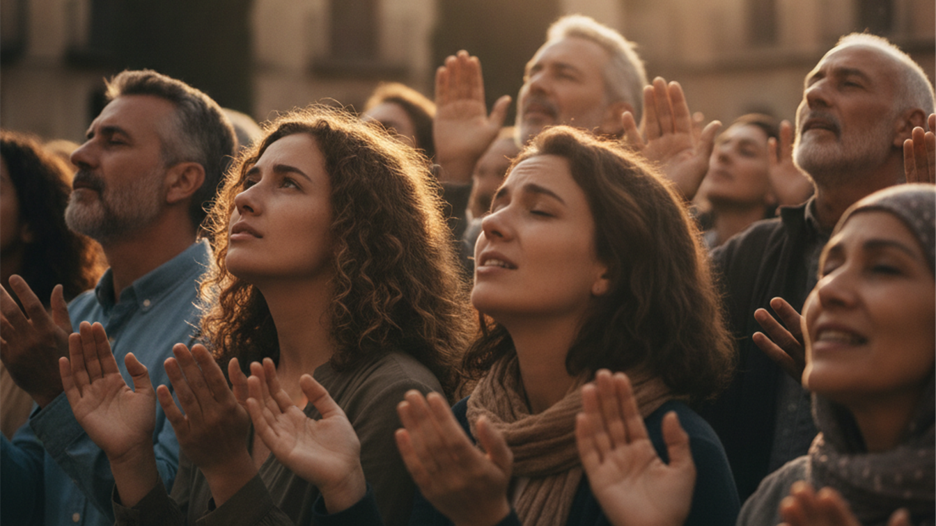 Personas orando con las manos alzadas en un culto al aire libre