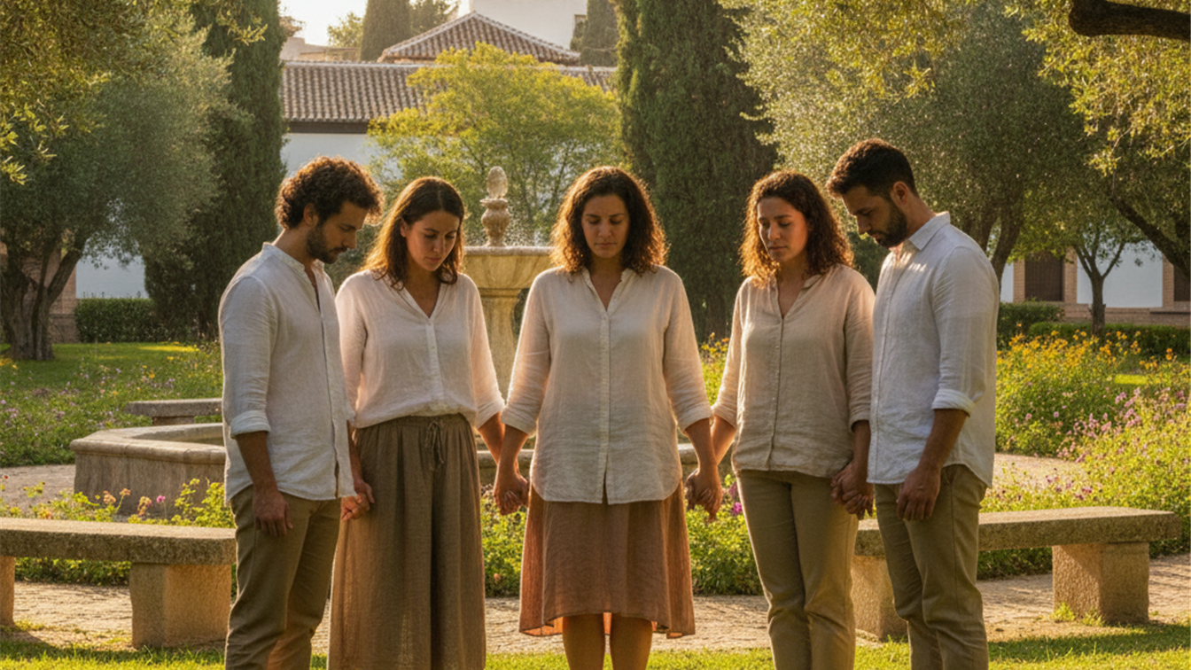 Grupo de cristianos orando juntos en circulo