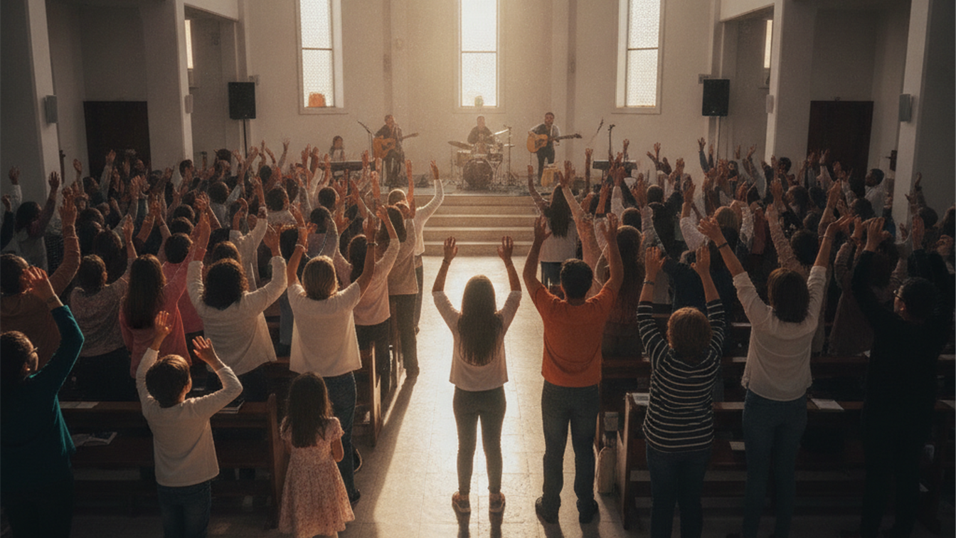 Congregacion evangelica espanola adorando en iglesia moderna