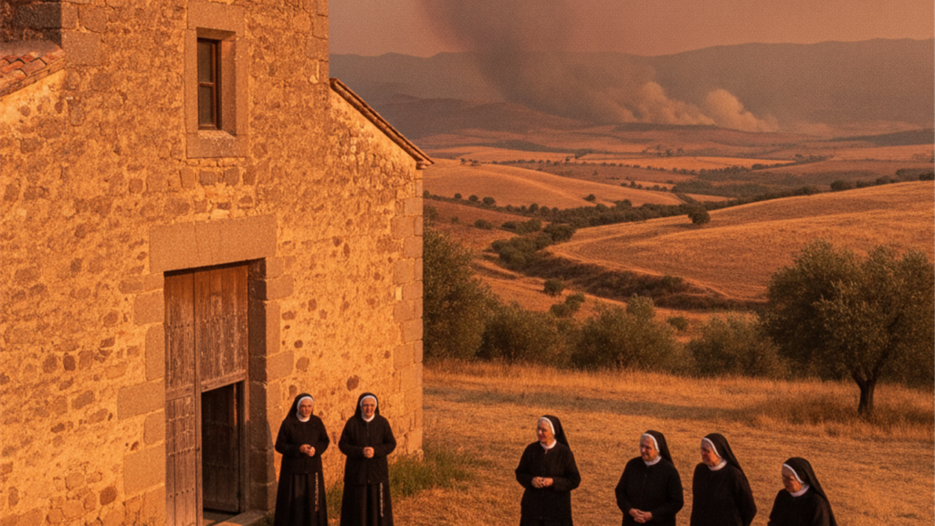 Monasterio en Espana con humo de incendios en el horizonte