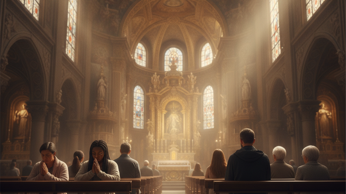 Interior de basilica catolica espanola con fieles orando