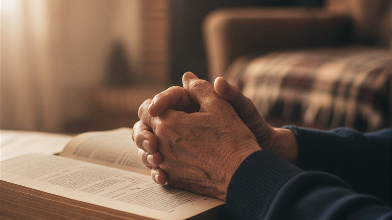 Manos entrelazadas en oracion sobre una Biblia abierta