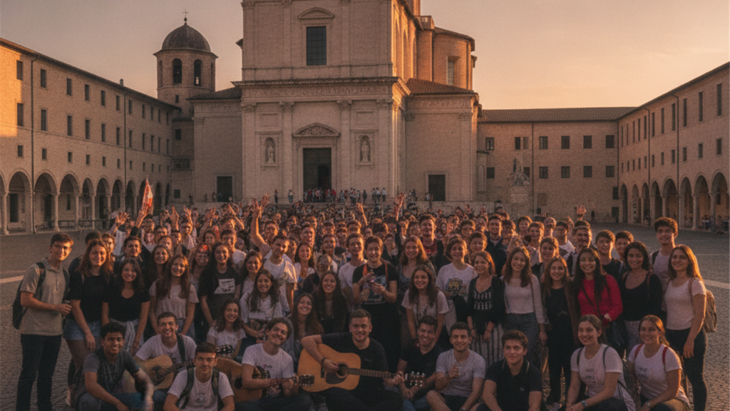 Jovenes peregrinos reunidos en la Basilica de Santa Maria de los Angeles en Asis