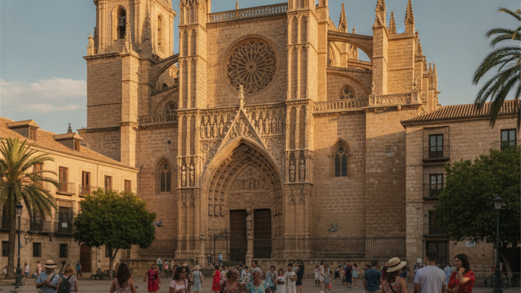 Cathedral facade in Spain with people on the plaza