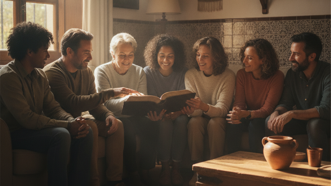 Comunidad leyendo la Biblia junto a una ventana