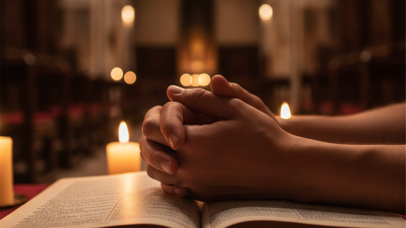 Manos orando sobre una Biblia abierta a la luz de una vela