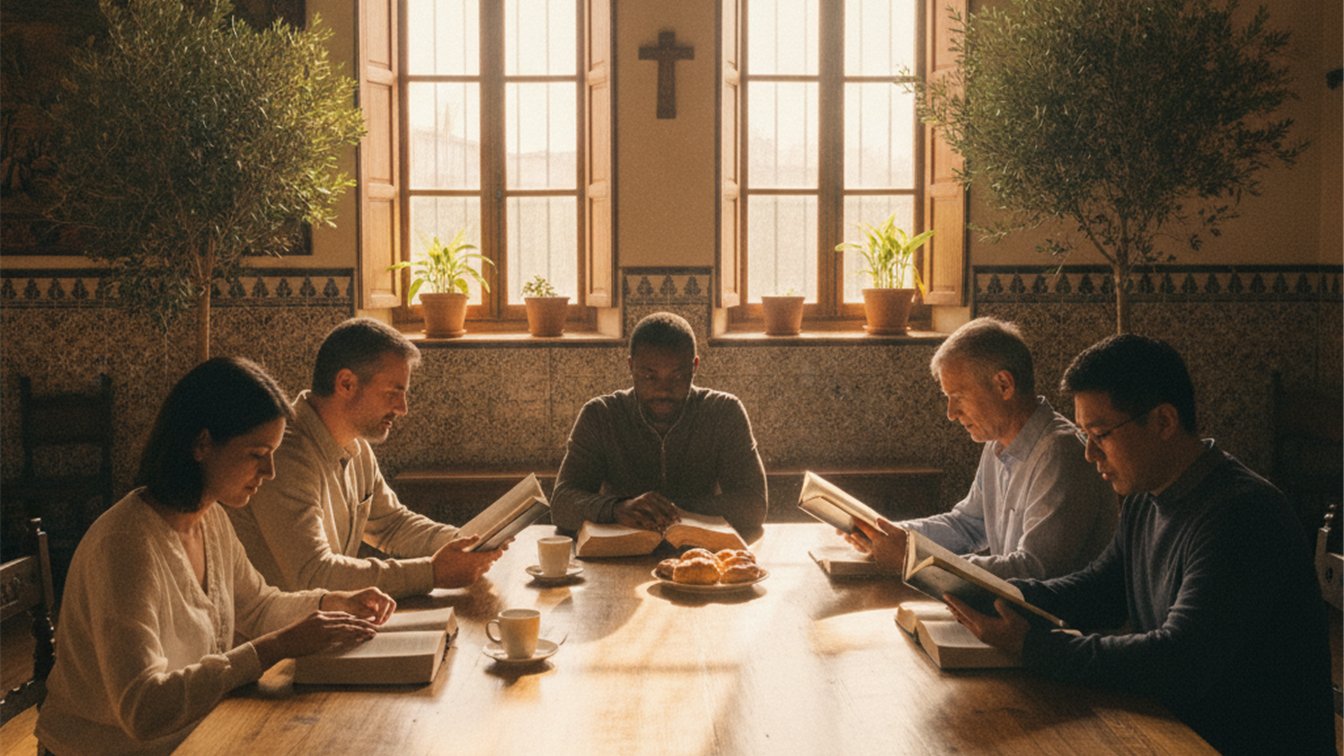 Grupo de personas leyendo la Biblia en comunidad