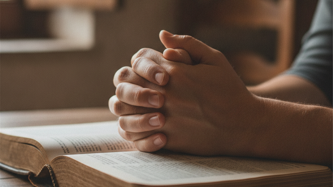 Manos unidas en oracion sobre una Biblia abierta