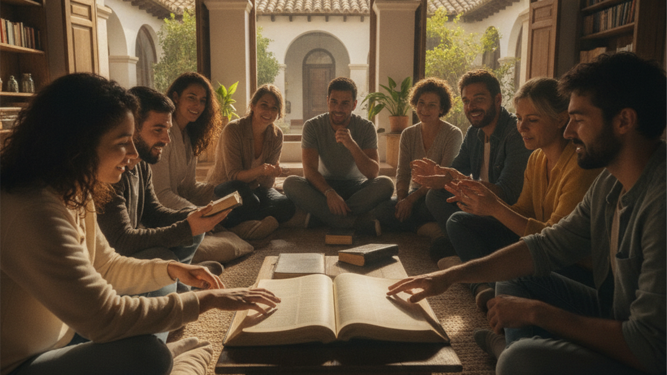 Comunidad de personas leyendo la Biblia juntas