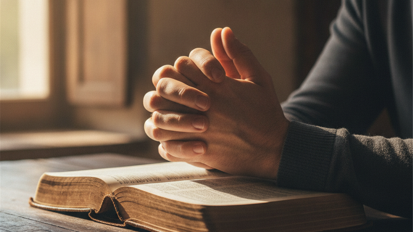 Manos orando sobre una Biblia abierta