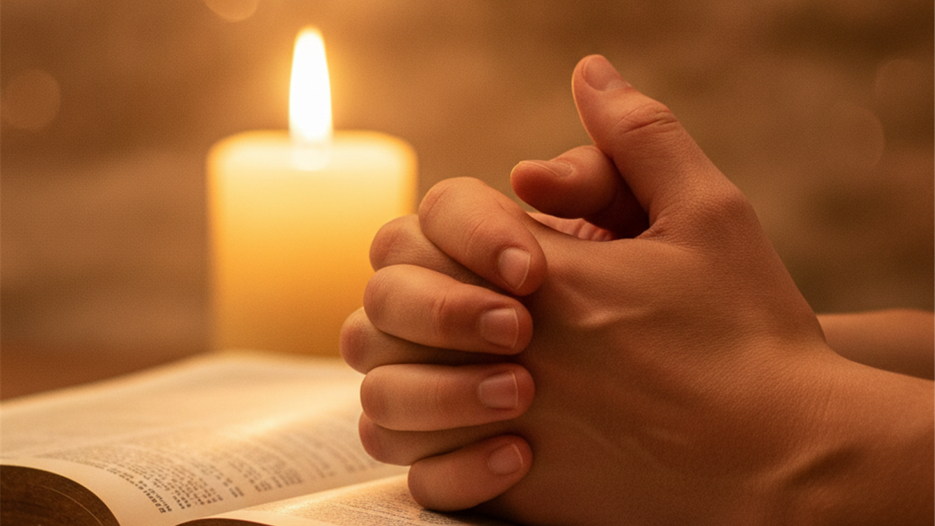 Manos orando sobre una Biblia abierta