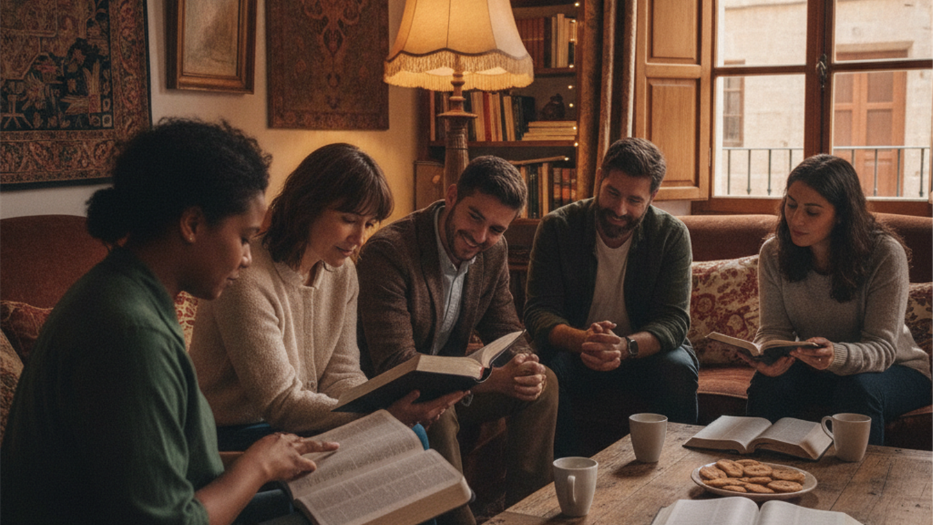 Grupo de personas leyendo la Biblia en comunidad