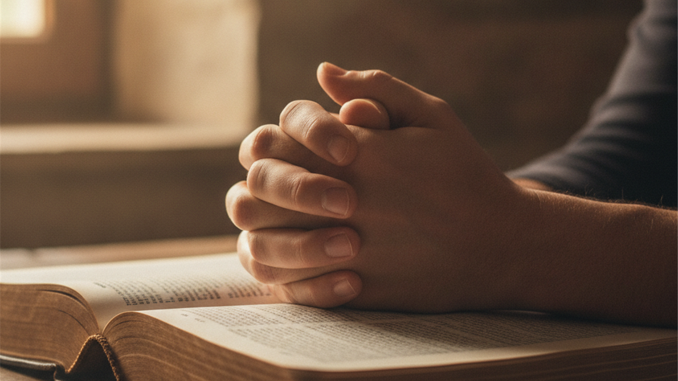 Manos entrelazadas en oracion sobre una Biblia abierta