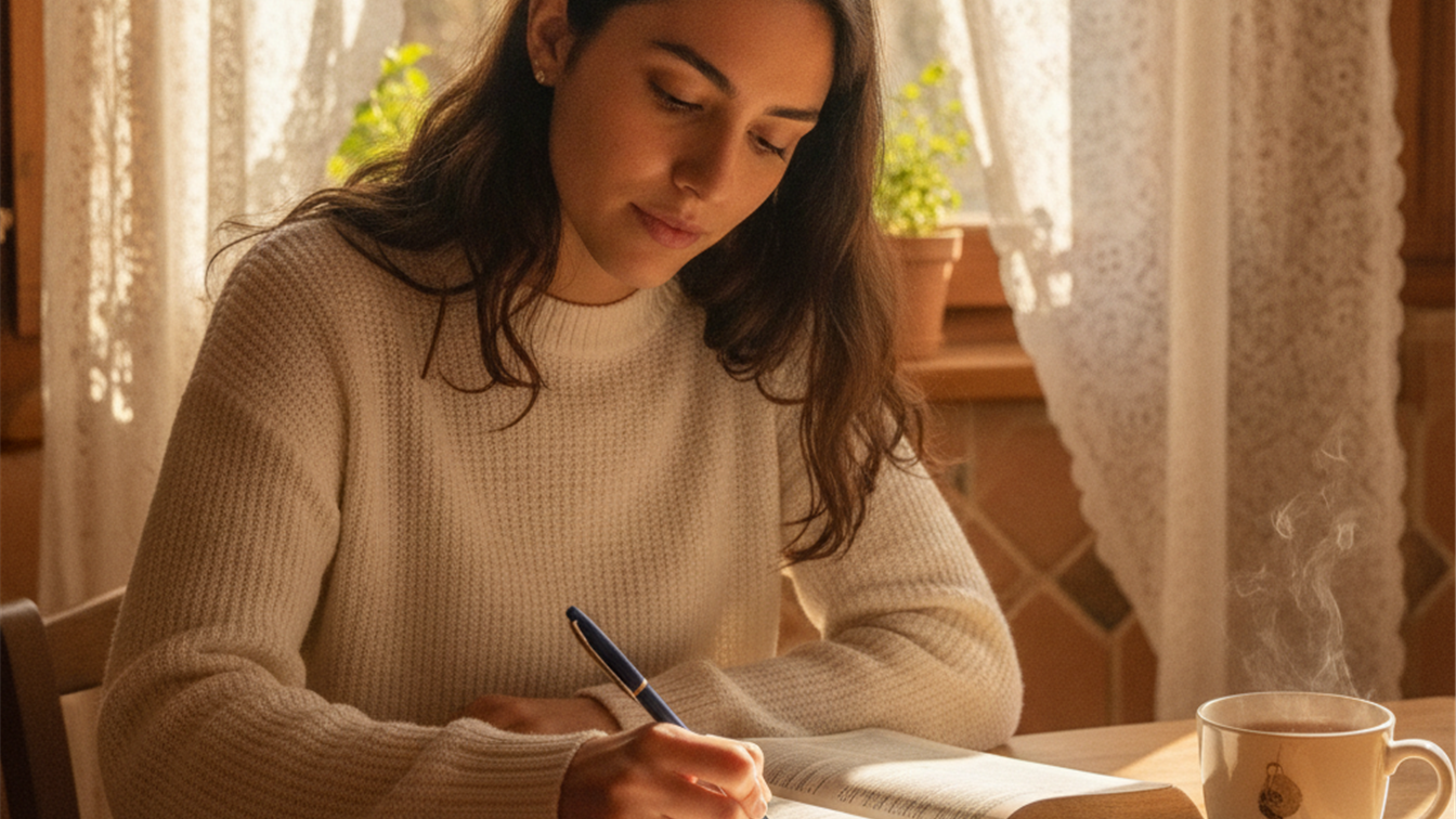 mujer escribiendo diario de oracion biblia abierta