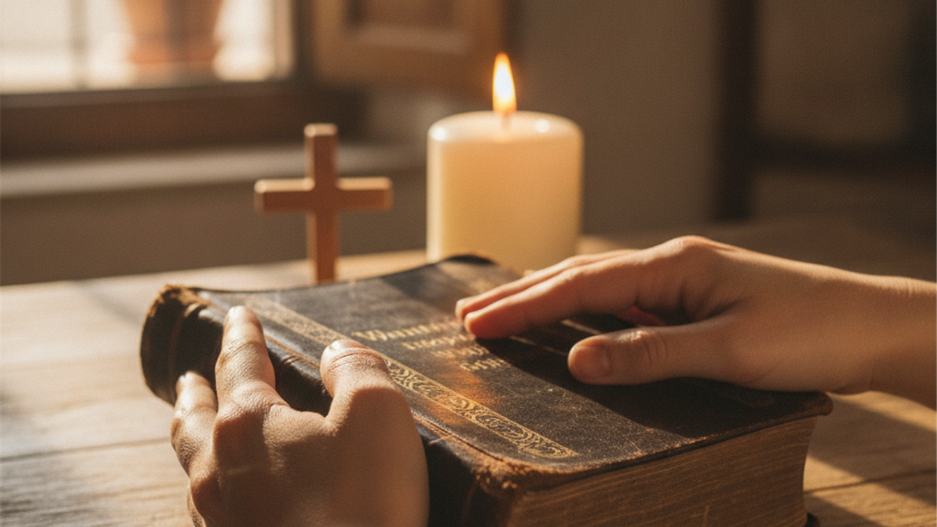 manos sosteniendo biblia vela madera devocional