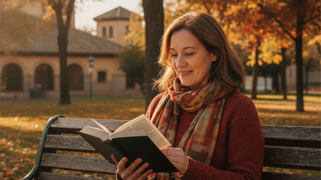 mujer leyendo la Biblia en el parque