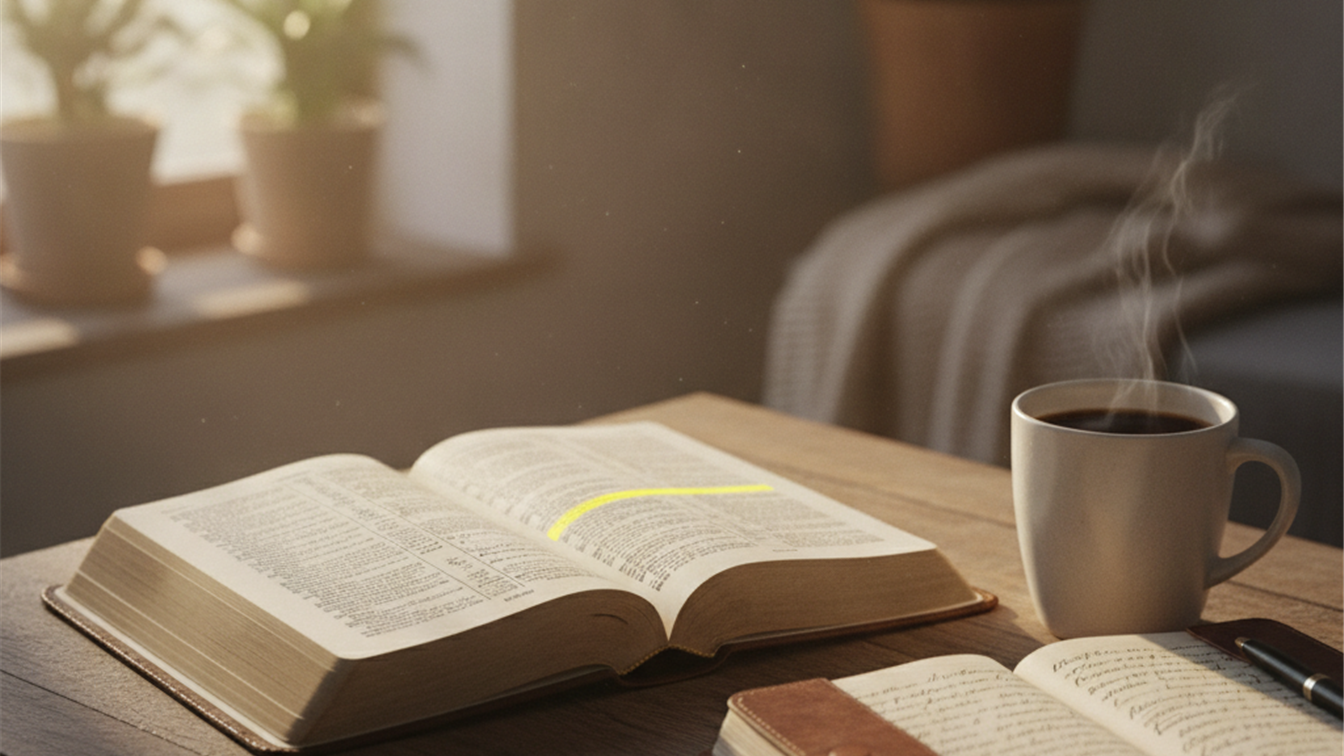 Biblia abierta con versiculo y cafe