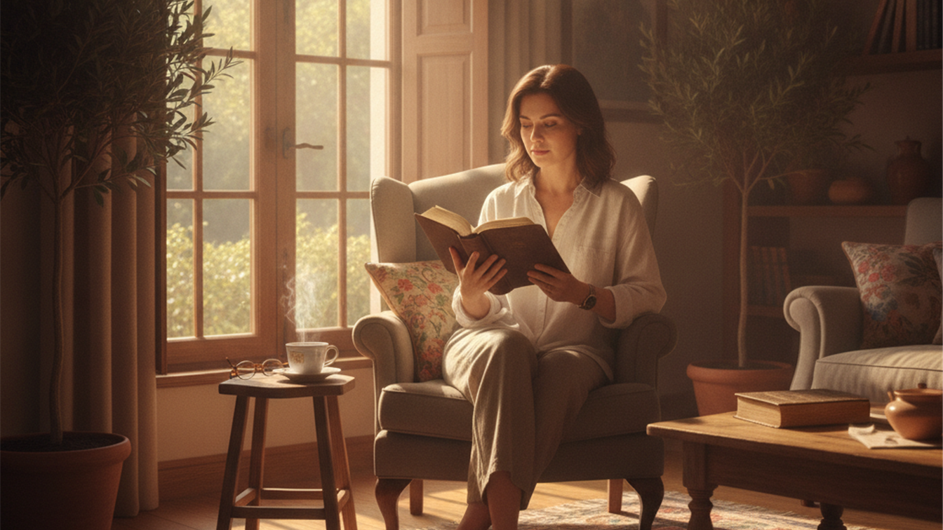 Persona leyendo la Biblia junto a la ventana