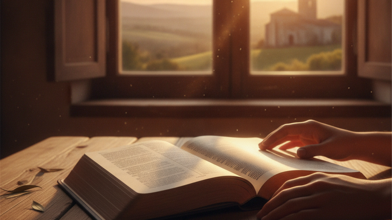 Biblia abierta detalle con luz de amanecer