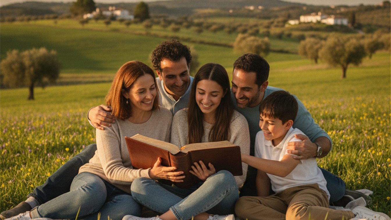 familia leyendo la biblia al aire libre reflexionando sobre el salmo 23
